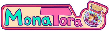 Logo with the title "MonaTora" with the "Mona" part being aqua blue and the "Tora" part being pink. To the right, there is a jar filled with stars and a sleeping tiger in it with a small tag saying "MonaTora" while having a bow with a star in it. 